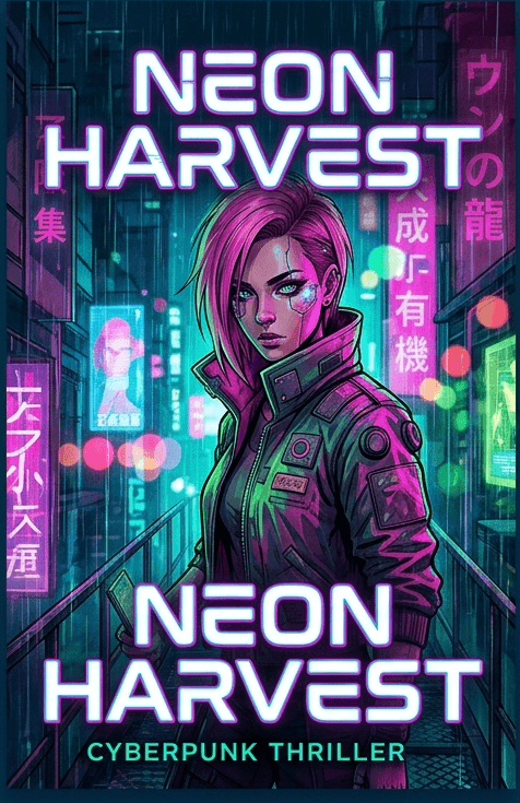 Neon Harvest cyberpunk thriller book cover