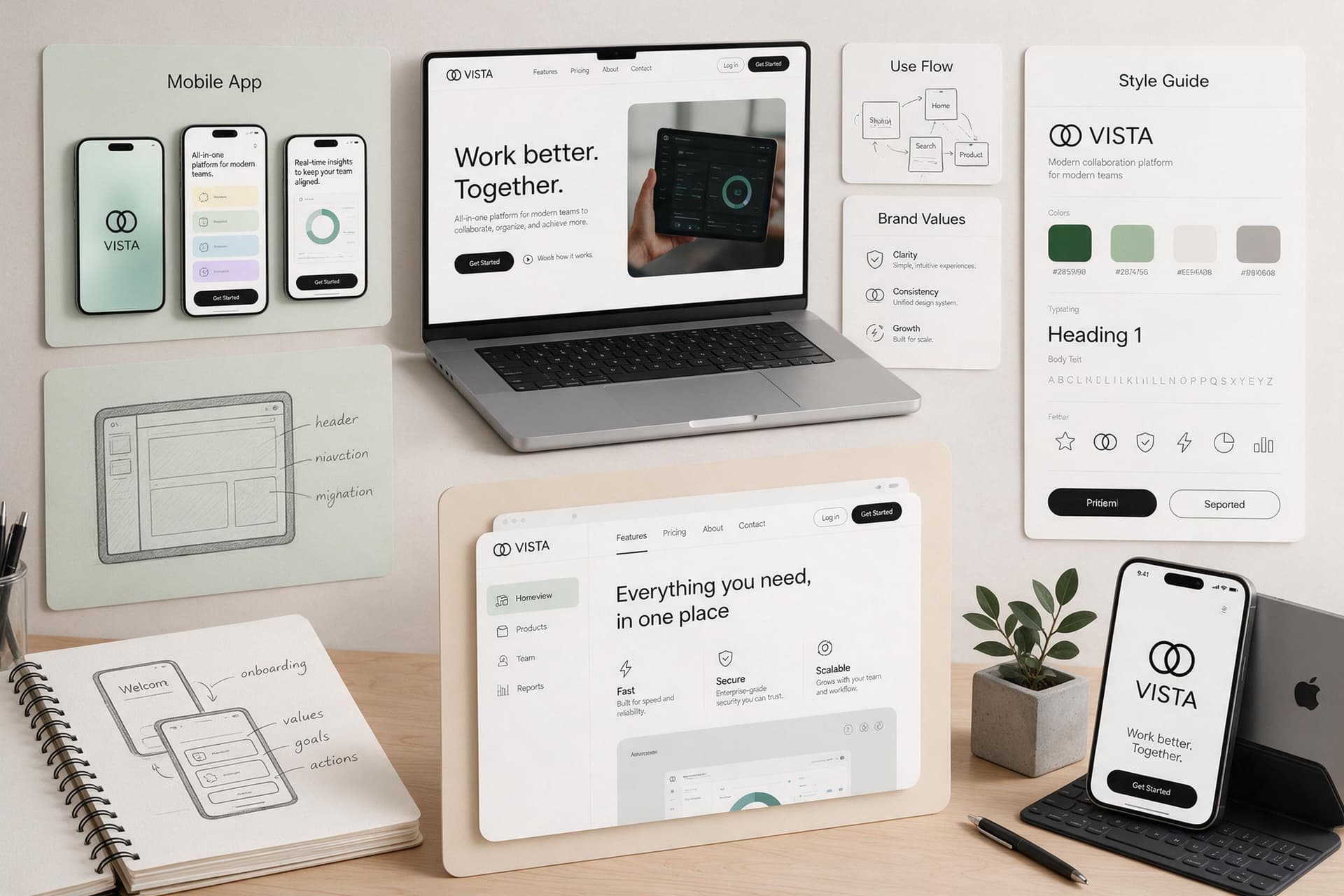 Vista design system moodboard with wireframes, style guide, and final UI