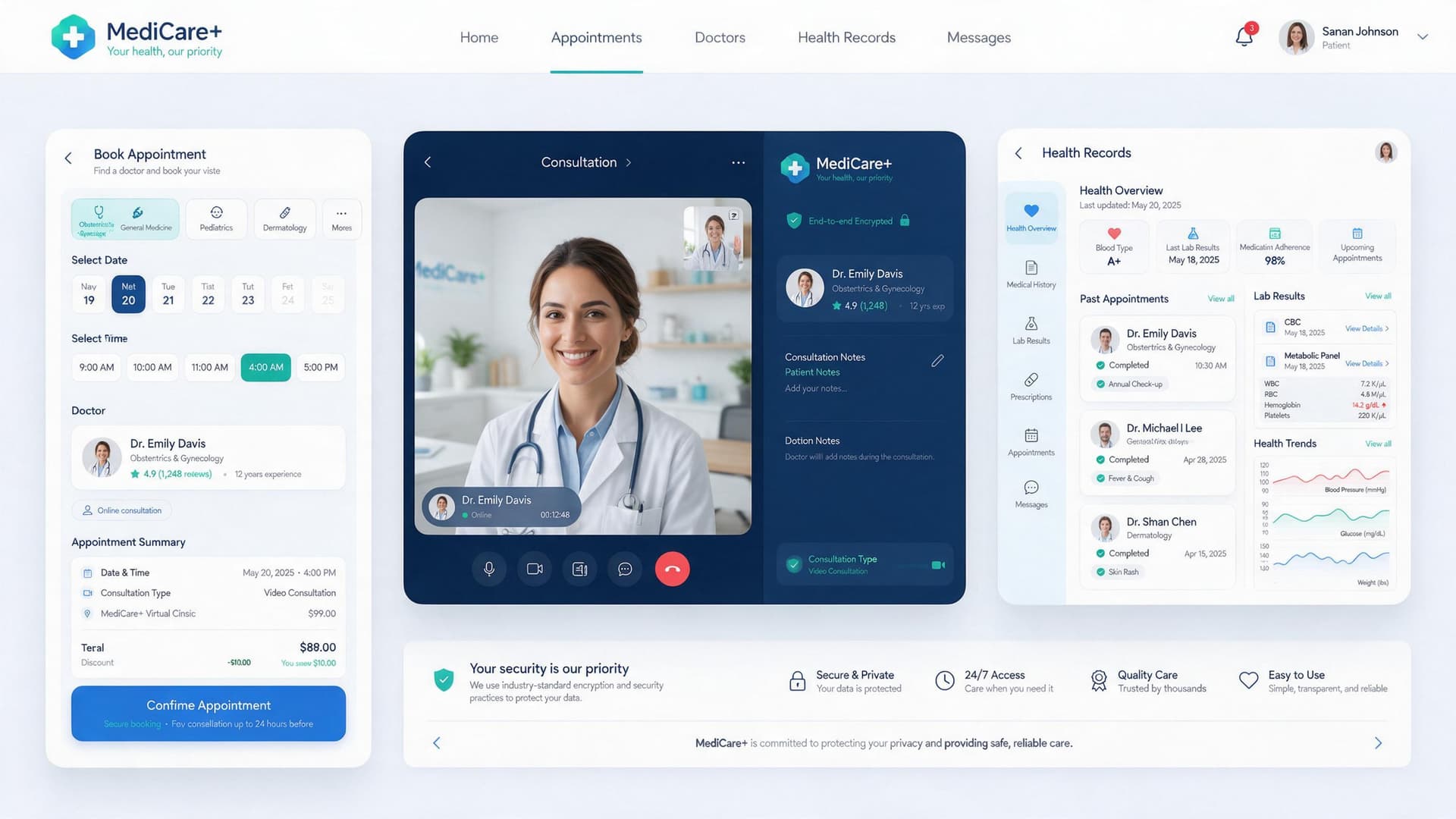 MediCare+ telehealth platform UI design