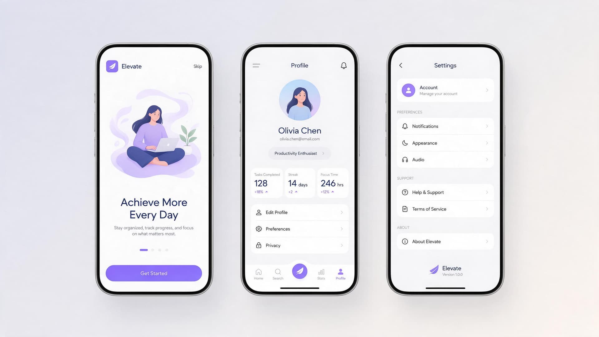Elevate productivity app UI design