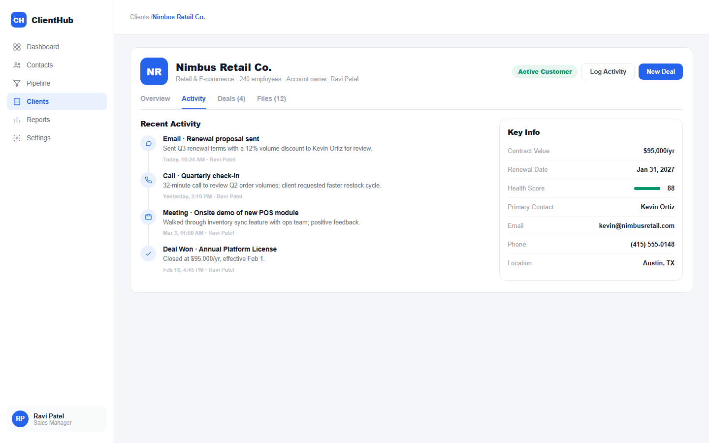 ClientHub client profile with activity timeline and key account info