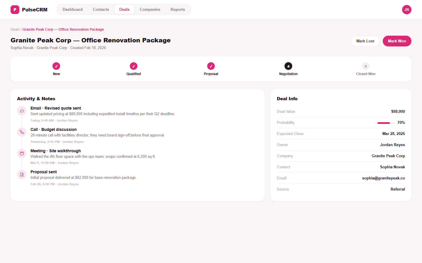 PulseCRM deal detail page with stage progress tracker