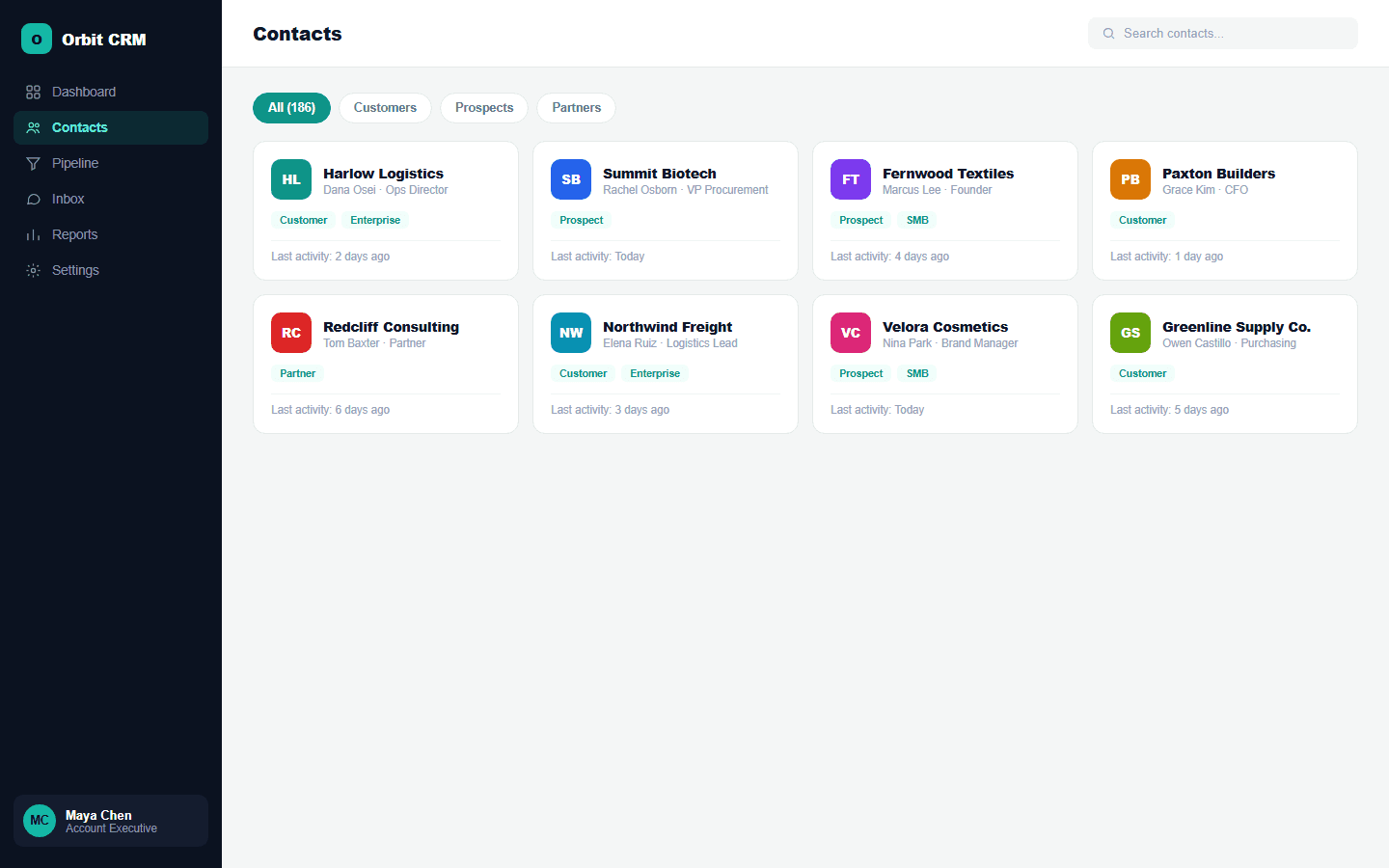 Orbit CRM contact directory card grid