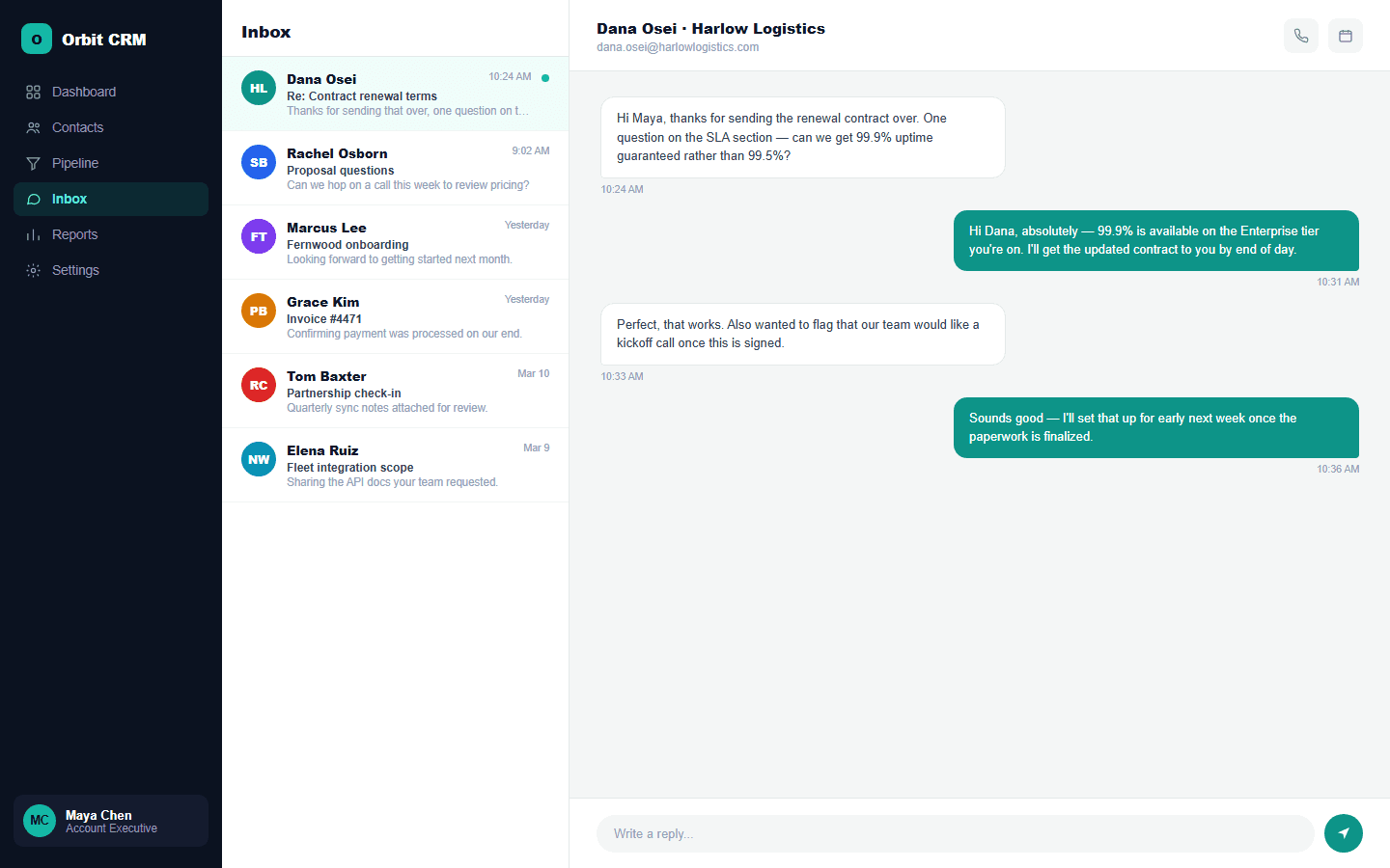 Orbit CRM unified inbox with open conversation
