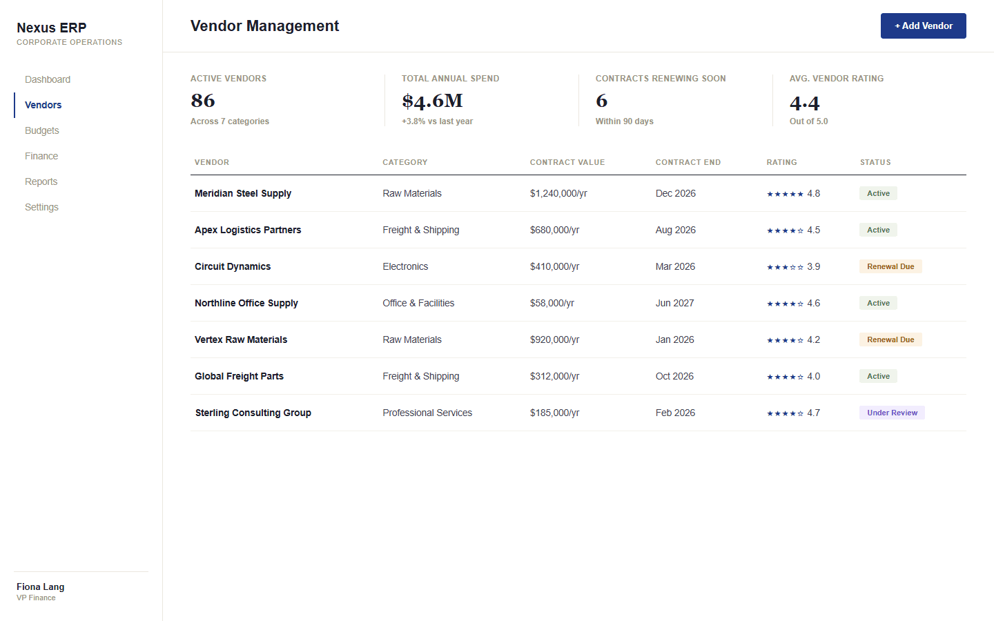 Nexus ERP vendor management table with contract values and ratings