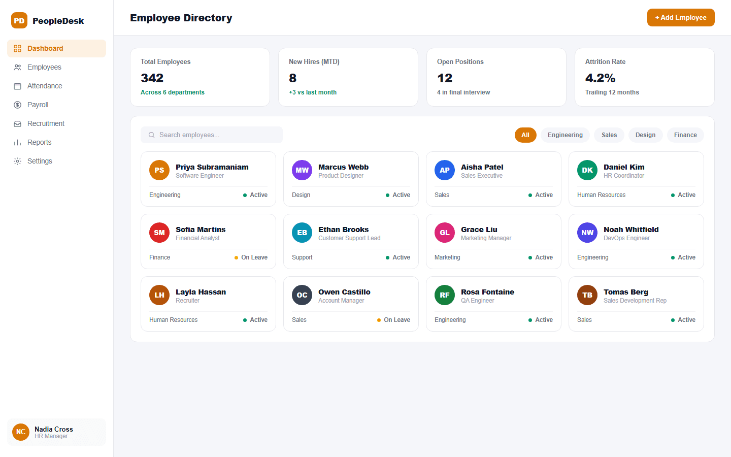PeopleDesk employee directory screen