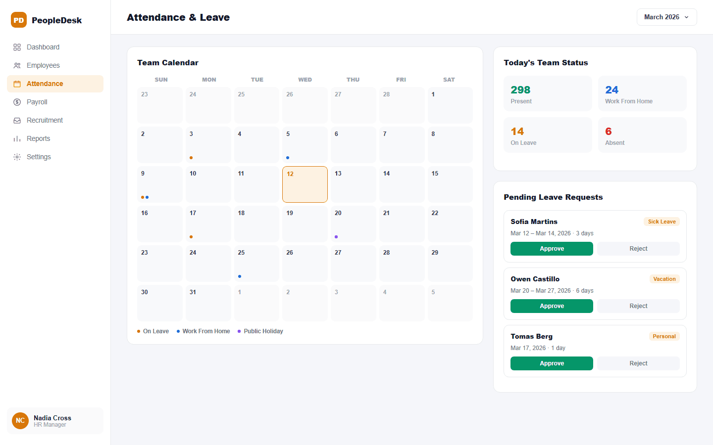PeopleDesk attendance and leave management calendar