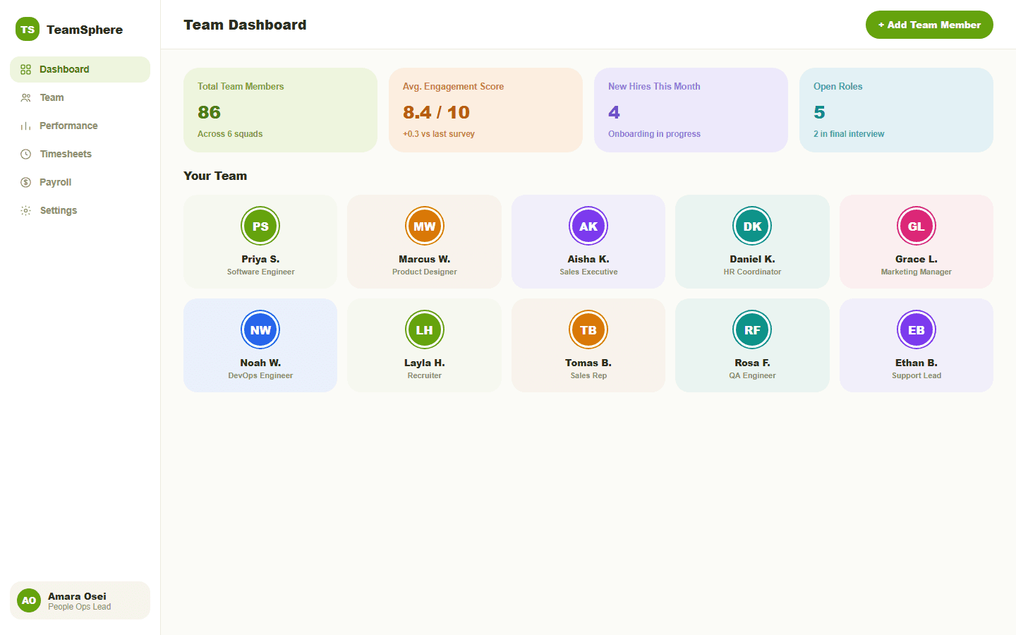 TeamSphere team dashboard with engagement score and team grid