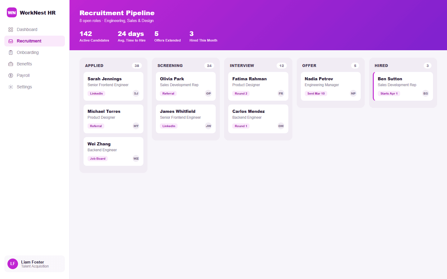 WorkNest HR recruitment kanban pipeline