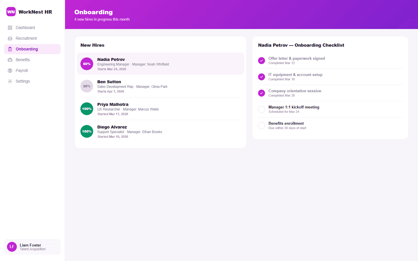 WorkNest HR onboarding checklist tracker