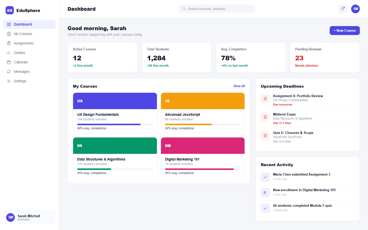 EduSphere instructor dashboard with course progress cards