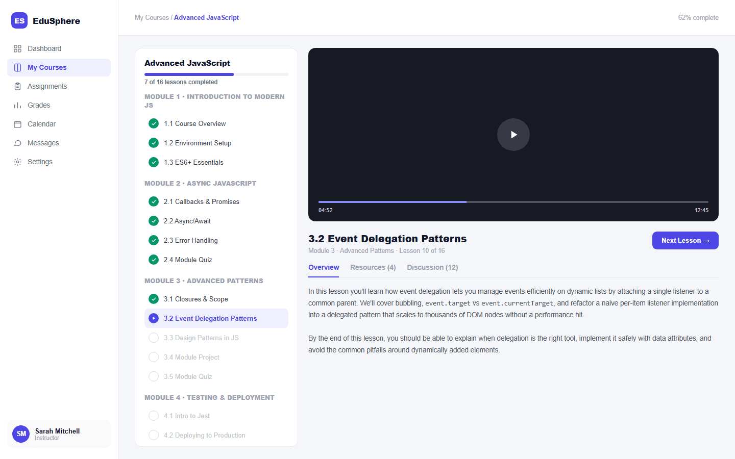 EduSphere course player with curriculum sidebar
