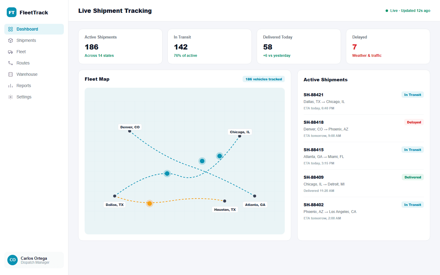 FleetTrack live shipment tracking dashboard with map