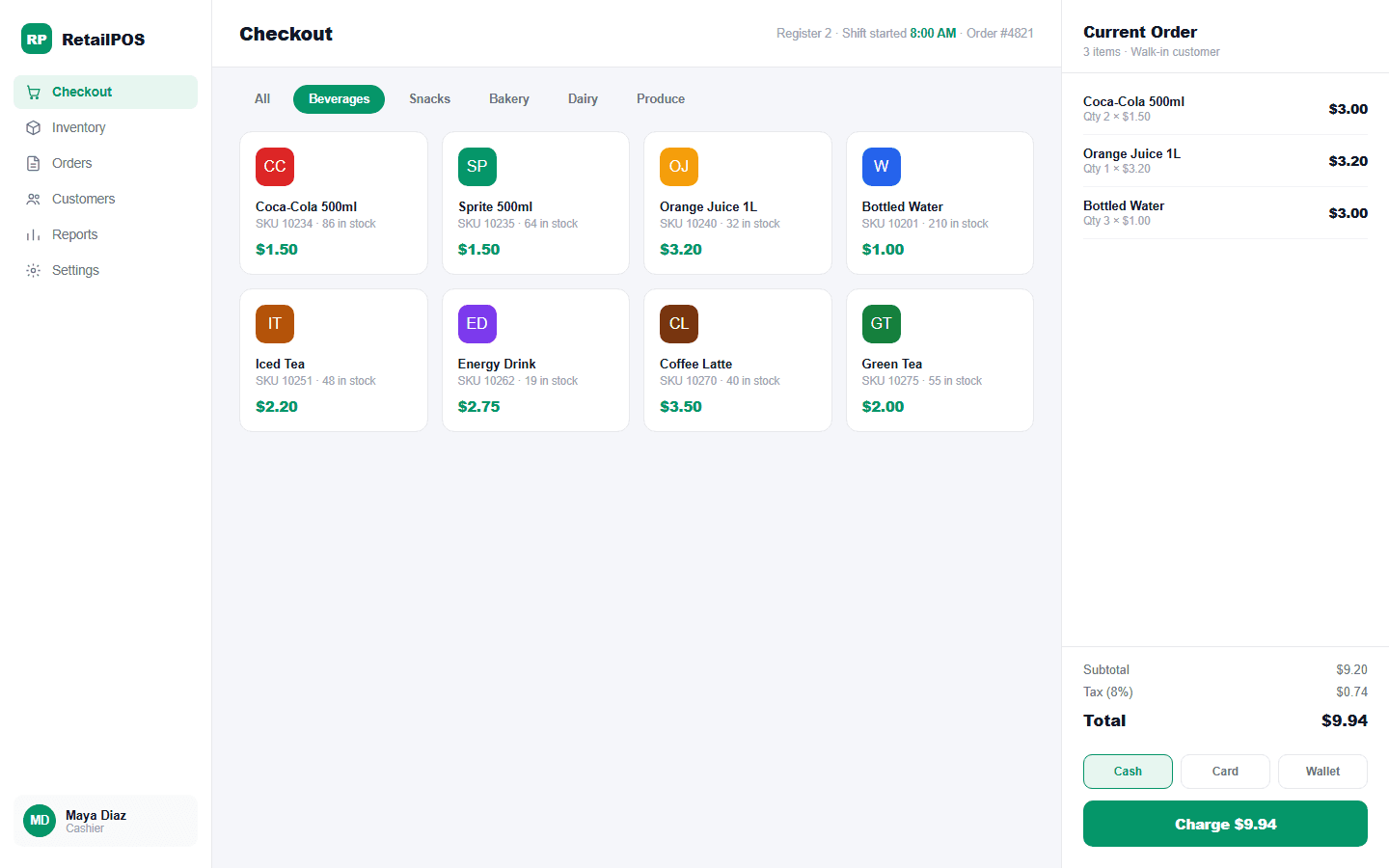RetailPOS checkout screen with product grid and cart